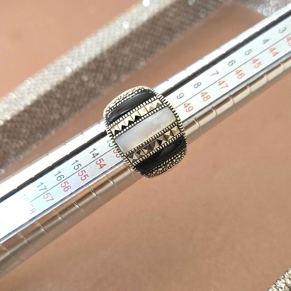 Vintage Sterling Onyx Marcasite Mother of Pearl Ring